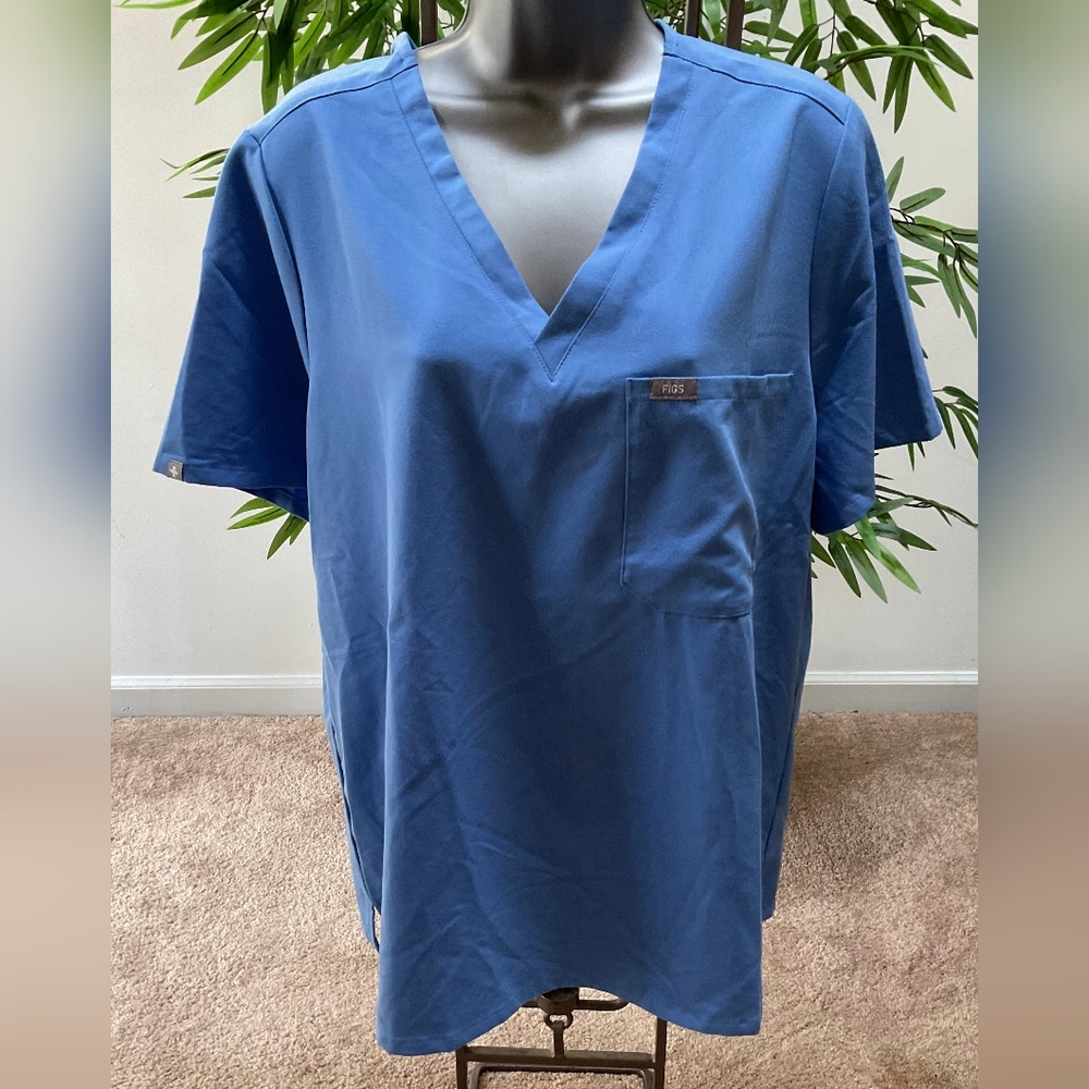 Figs Blue Short Sleeve V-Neck Top